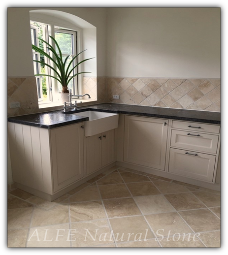 Travertine kitchen, filled tiles